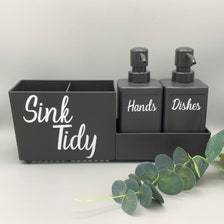 Personalised kitchen sink tidy, personalised bottles and brush buy as a set or individually. Only available in this one colour of black