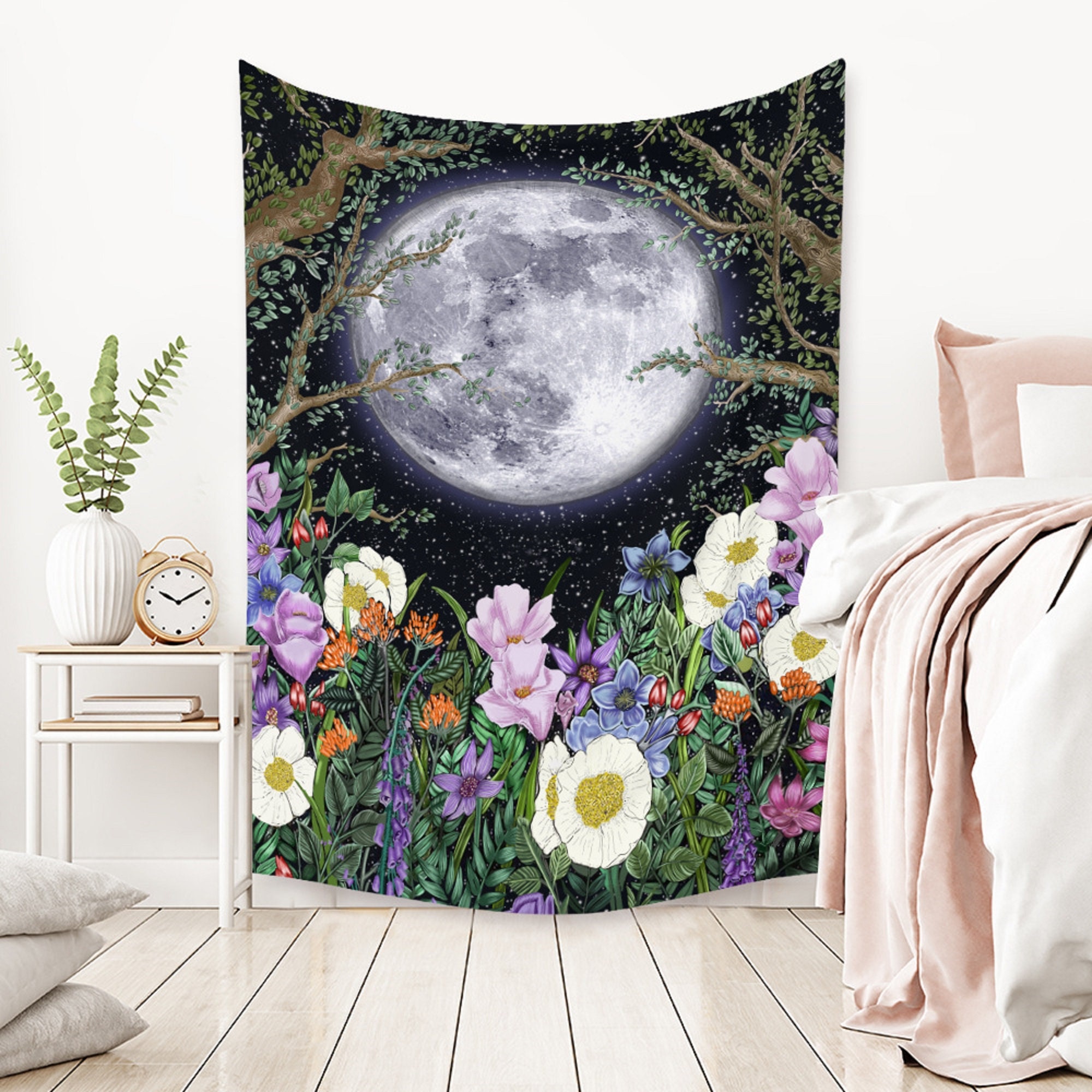 Moon Phase Tapestry Moonlit Garden Tapestry Flowers Floral | Etsy