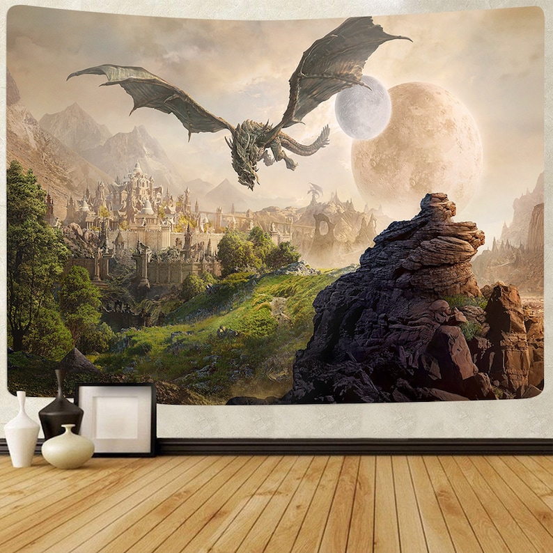 Fantasy Mmedieval Dragon Tapestry Castle Dragon Tapestry Wall Etsy