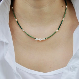 Malachite Pearl Necklace: Green Gemstone Healing Crystal Jewelry