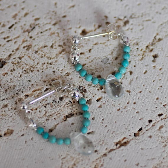Boucles D'oreilles Pendantes En Argent 925 Avec Turquoise Et Aigue-marine - 3,4 G - Dormeuses
