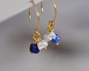 14K Gold Plated Lapis Lazuli & Pearl Drop Earrings
