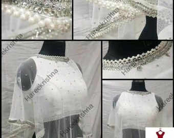 White New Designer Readymade Latest Beaded Saree Blouse Poly Silk Indian Fabric Craft Tunic Butterfly Top Sari Choli Wedding Wear For Women