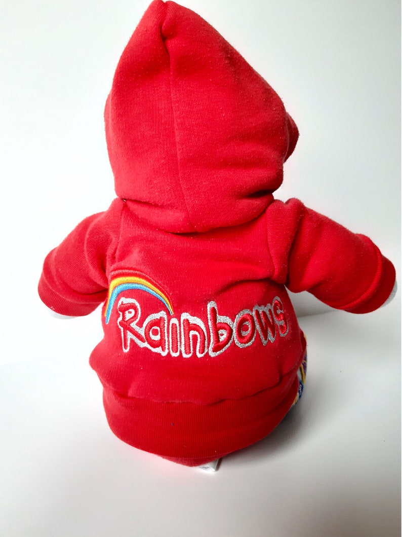 May include: Red plush toy wearing a red hoodie with a rainbow and the word "Rainbows" embroidered on the front.