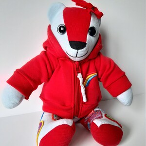 May include: A red and white plush teddy bear wearing a red hoodie with a rainbow zipper pull. The bear has black eyes and a black nose.