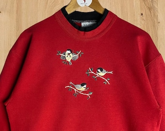 Vintage jaren 90 geborduurde vogel trui met ronde hals - maat XS