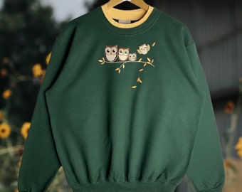 Vintage jaren 90 geborduurd uil-sweater met ronde hals - damesmaat L