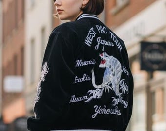 Vintage Sukajan Bomber Jacket: Embroidered Tiger Dragon, West Pac