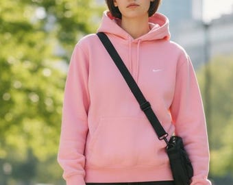 Vintage NIKE Pink Mini Logo Hoodie, Embroidered Swoosh, Size L