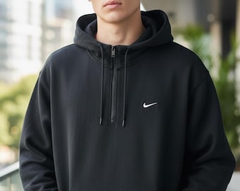 Vintage Nike Black Half Zip Hoodie, Embroidered Logo (Size 2XL)
