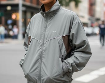 Y2K Nike Windbreaker Jacket, Embroidered Swoosh, Gray Olive Green, Size L