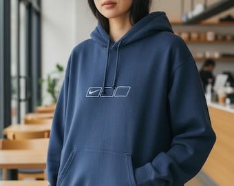 Vintage NIKE Marinblå Mittenlogotyp 2000-tals Sällsynt Design Broderad Tröja Långärmad Sweatshirt Storlek 2XL