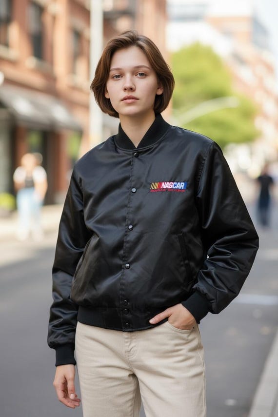 Vintage 90s NASCAR Satin Bomber Jacket: Tayler Snep Blackout, Size