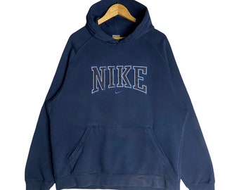 Vintage NIKE Big Logo Hoodie Embroidered SpellOut Logo, Dark Blue / White Pullover Long Sleeve Sweatshirt Size XL