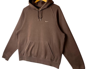 Rare!! NIKE Essential Brown Mini Logo Hoodie Embroidered Swoosh Pullover  Long Sleeve Sweatshirt Size M