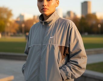Y2K Nike Windbreaker Jacket, Embroidered Swoosh, Gray Olive Green