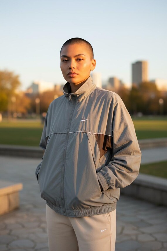 Y2K Nike Windbreaker Jacket, Embroidered Swoosh, Gray Olive Green