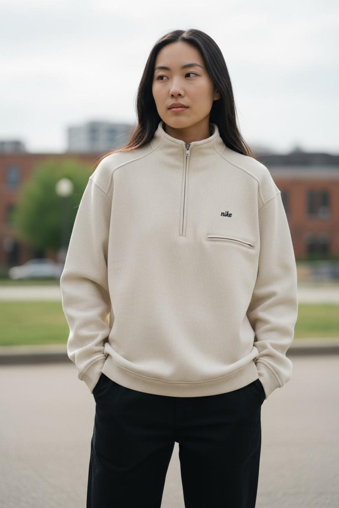 Vintage Y2K Nike Cream 1/2 Zip Pullover Sweatshirt, Mini Logo