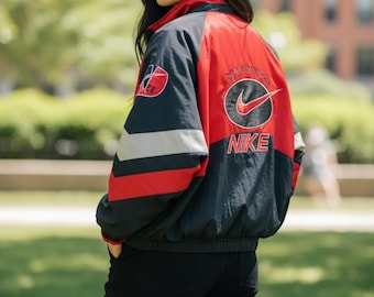 Vintage 90s NIKE Puffer Jacket, Circle Swoosh Logo, Red Black XL