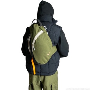 Rare!! Vintage NIKE Green Tea Mini Swoosh Sling Bag Single Strap Crossbody Shoulder Backpack Olive / Orange Check Y2K