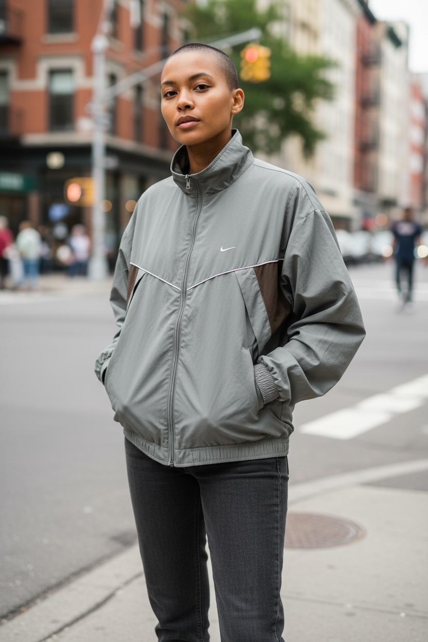 Y2K Nike Windbreaker Jacket, Embroidered Swoosh, Gray Olive Green