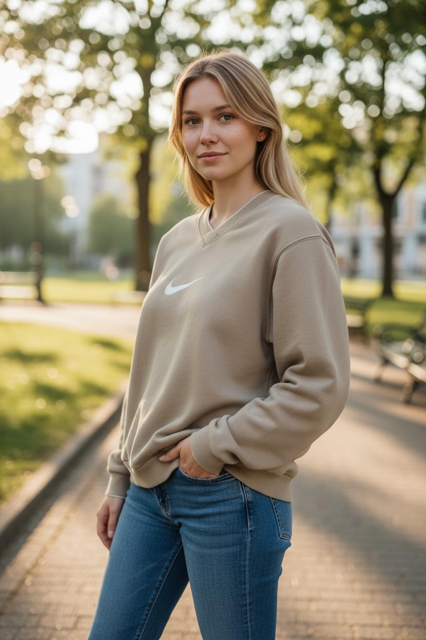 Vintage 90s NIKE V-neck Sweatshirt: Beige Embroidered Big Logo