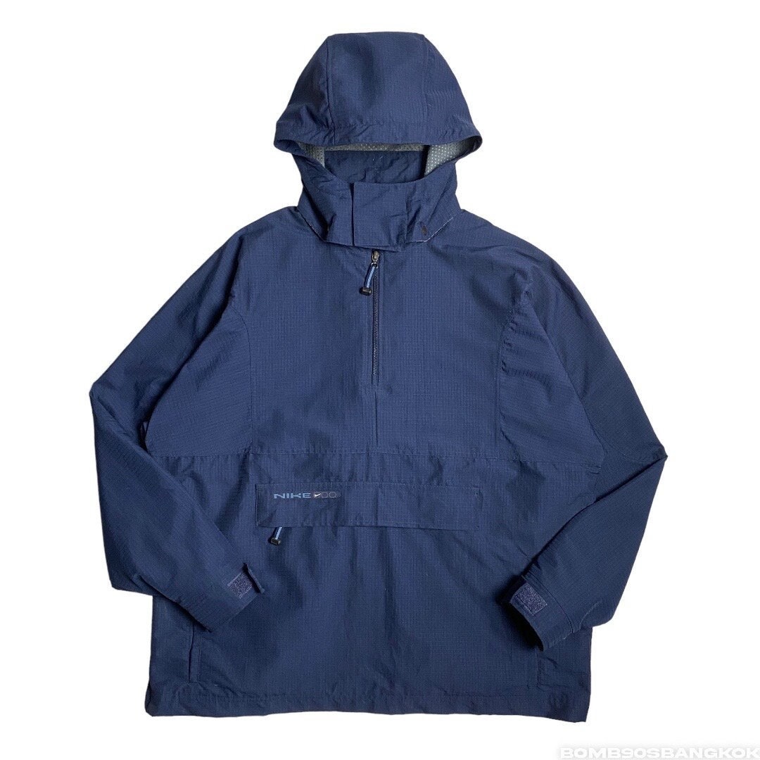 Rare!!Vintage NIKE Blue Anorak Military Minimalist SpellOut Pocket Check Swoosh Logo Box  1/3 Zip Jacket Size L