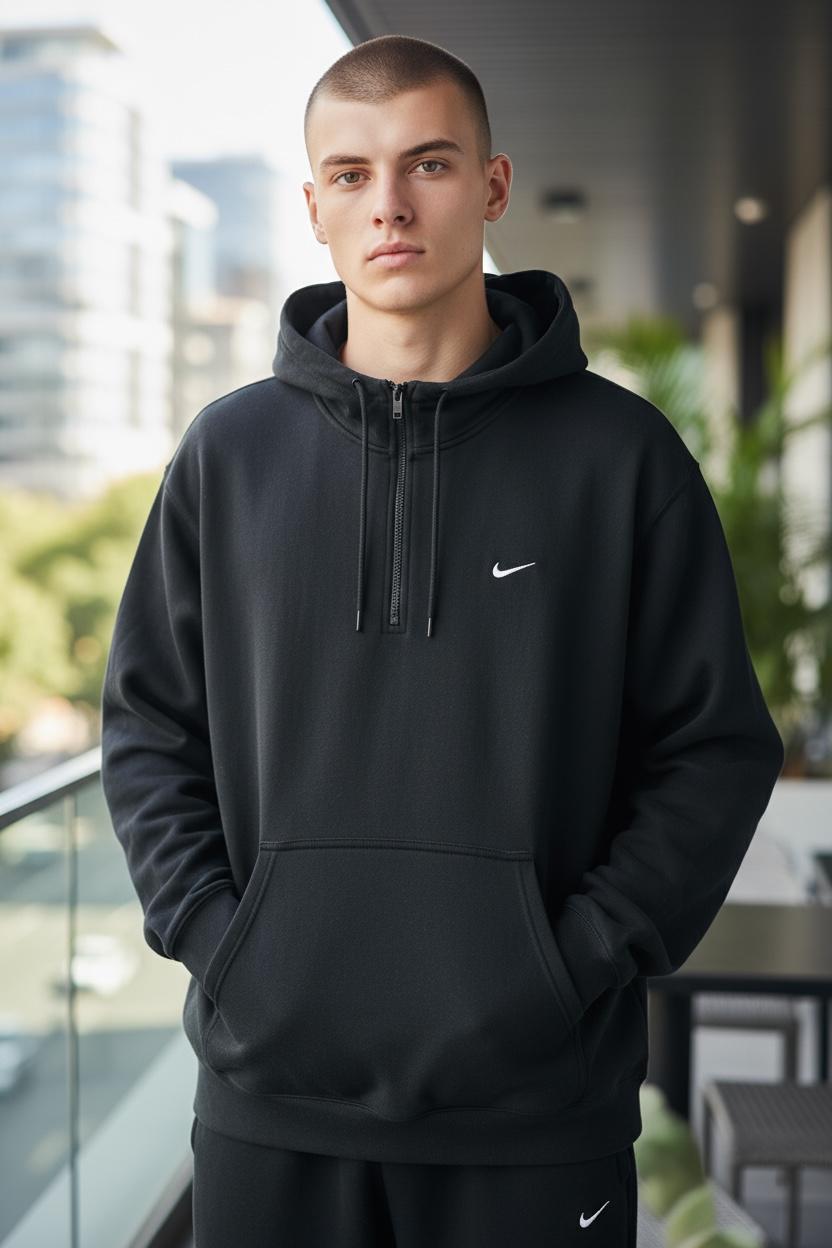 Vintage 00s NIKE Essential Black Half Zip Hoodie Embroidered Mini