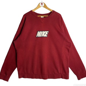 Vintage Y2K NIKE Red Maroon Big Logo SpellOut Fleece Embroidered Crewneck Sweater Pullover Long Sleeve Sweatshirt Size 2XL Rare