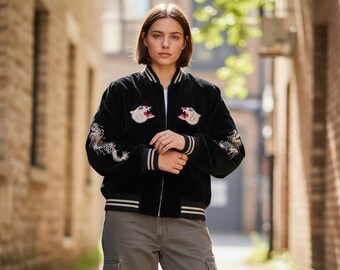 Vintage Sukajan Bomber Jacket: Embroidered Tiger Dragon, West Pac