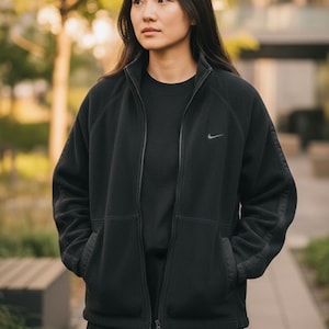 Vintage 90s Nike Fleece Jacket, Black and White Embroidered Logo, Size L image 1