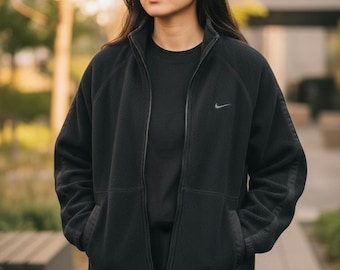 Vintage 90er Jahre Nike Fleecejacke, Schwarz/Weiß gesticktes Logo, Größe L
