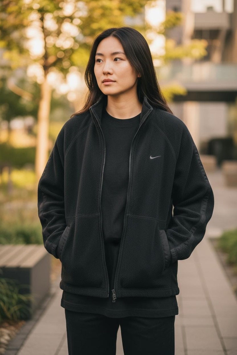 Vintage 90s Nike Fleece Jacket, Black and White Embroidered Logo, Size L image 1