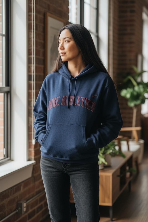 Vintage 90s NIKE Embroidered Hoodie, Navy Blue Sweatshirt, Size M