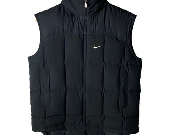 Rare!!Vintage NIKE Goose Down Puffer Black Vest Embroidered Mini Swoosh Winter Jacket Full-Zipper Size S