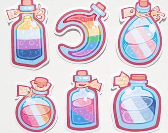 May include: Six colorful stickers featuring glass bottles with cork stoppers and rainbow-colored liquid. The bottles have labels with handwritten text. One sticker features a crescent moon with rainbow-colored liquid.