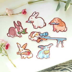6 autocollants en vinyle Lapin tenant des armes | drôle, mignon, morbide, meurtre, couteau | Pour ordinateur portable, agenda, gourde