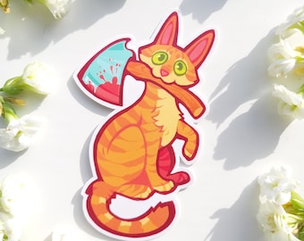 Cat holding Axe Vinyl Sticker | Ginger Tabby | Morbid Cute Vulture Culture Sticker for Laptops, Planners and Stationery