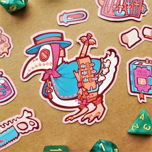 May include: A cartoon illustration of a white bird wearing a pink and blue doctor's mask and a blue coat. The bird is carrying a brown bag with vials and a book that says "Healing Plants".