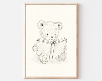 Teddy Bear Print, Vintage Nursery Toy  Sketch, Gender Neutral Wall Art Printable, Vintage Illustration, Baby Room Decor, Teddy book Print