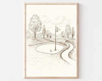 Impresión de campo de golf vintage, arte de pared de golf para guardería, imprimible de pared de galería deportiva infantil, decoración neutra, decoración de pared nostálgica, descarga digital