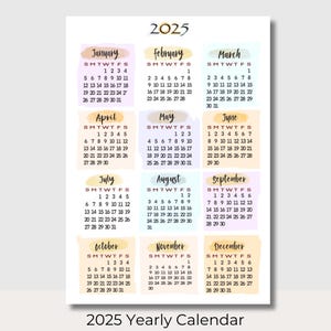 Calendario imprimible anual 2025, calendario colorido para imprimir, calendario de pared del año del arcoíris, calendario de escritorio, tamaño carta A4, descarga instantánea