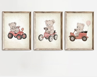Set of 3 Vintage Nursery Prints, Teddy Bear Print, Gender Neutral Printable, Vintage Car Nursery Poster Print