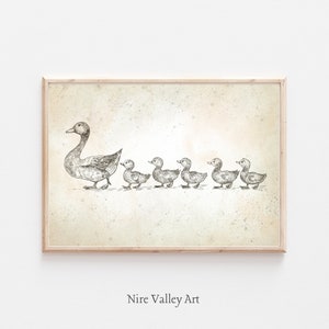 Vintage Ducks in a row  Print, Nursery Gallery Wall Printable, Gender Neutral Sketch , Farmhouse Nursery Illustration, Baby Room Decor