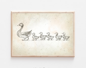Vintage Ducks in a row  Print, Nursery Gallery Wall Printable, Gender Neutral Sketch , Farmhouse Nursery Illustration, Baby Room Decor