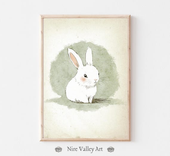 Bunny Rabbit Print, Sage Green, Vintage Nursery Gallery Wall Art