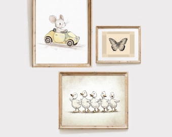 Vintage Nursery Gallery Wall Printables, Set of 3 Vintage Prints, Gender Neutral Baby room Art, Digital Download