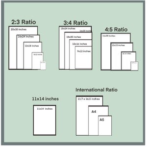 May include: A chart showing different aspect ratios for images, including 2:3, 3:4, 4:5, and international ratios. The chart includes common sizes in inches for each ratio.