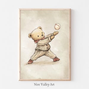 Teddy Bear Baseball Print, Vintage Nursery PRINTABLE Wall Art, Kids Sports Decor, Neutral Boy Nursery Prints, Kids Toddler Room Decor