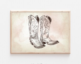 Vintage Cowboy Boots Print, Western Wall Art Decor, Southwestern Country Art, Rustic Nursery Room Prints, Digital Download